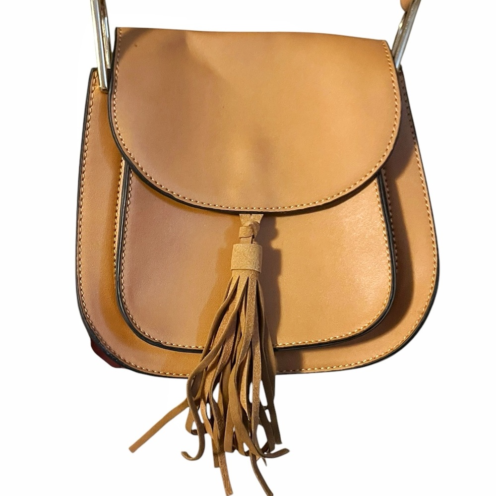 🆕 INZI Tan Crossbody Bag with Floral Appliqué Strap and Tassel